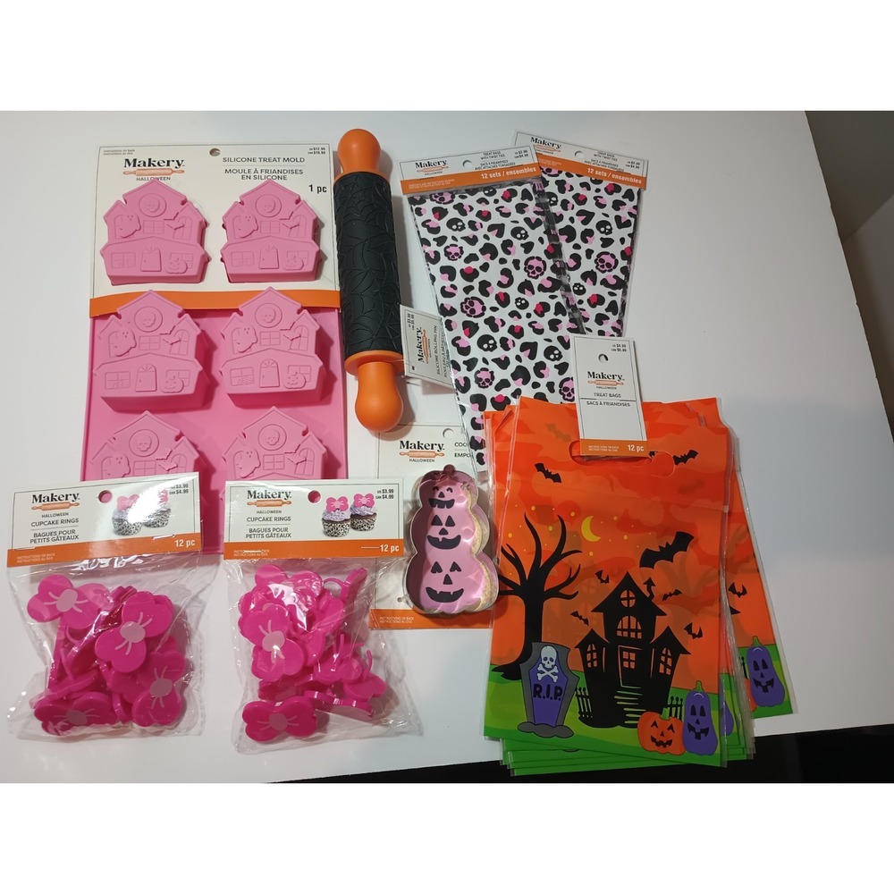 Makery Halloween Baking Lot Pink Haunted House Silicone Mold Rolling Pin Bags